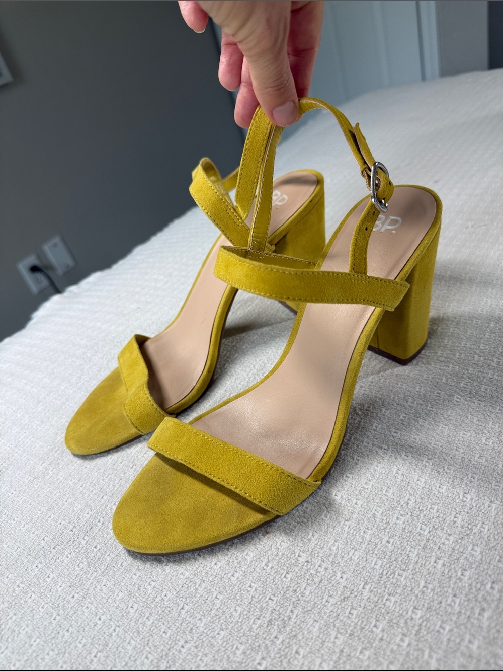 BP yellow sueded block heel sandals size 9